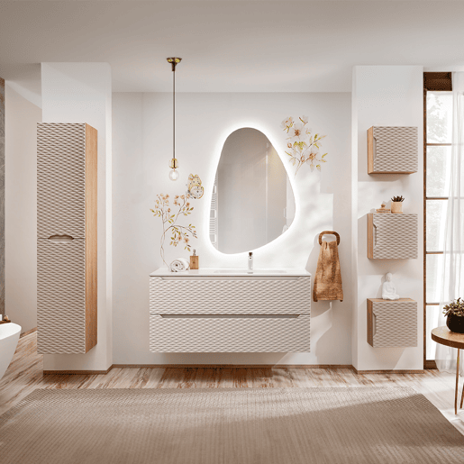 Conjunto de lavatório individual reto 120cm com 2 gavetas e pedestal Elora Bege e madeira