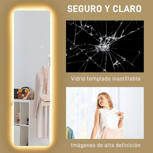 HOMCOM Espelho de Pé com Luz LED 40x150 cm Espelho de Corpo Inteiro sem Estrutura com Iluminação de 3 Cores Função de Memória e Tátil para Sala de Estar Dormitório Transparente