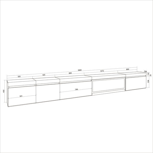 Móvel de TV, Muito espaço de arrumação, 368x35x45cm Lareira eléctrica XXL, Suspensos, Suspensos, Estilo moderno, Preto