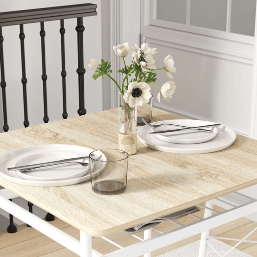 HOMCOM Conjunto de Refeição de 3 Peças Conjunto 1 Mesa de Cozinha 70x70x75 cm e 2 Cadeiras 40x50x80 cm com Prateleira de Armazenamento e Estrutura de Aço Branco e Madeira