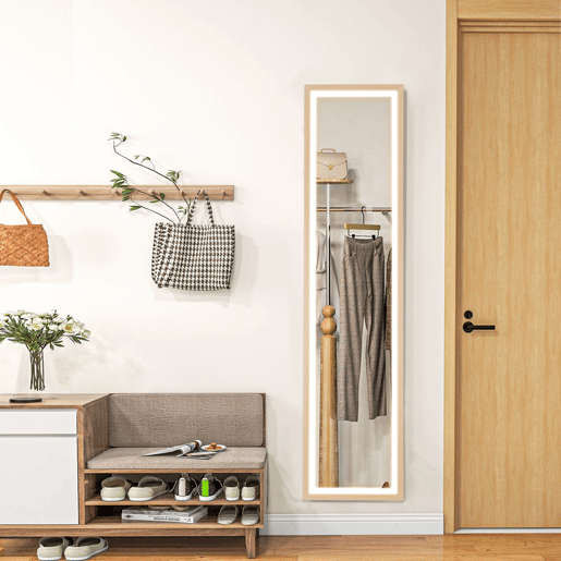HOMCOM Espelho de Pé com Luz LED 40x160 cm Espelho de Corpo Inteiro com Iluminação de 3 Cores Tátil Função de Memória e Suporte para Sala de Estar Dormitório Madeira