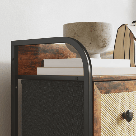 HOMCOM Cómoda de Tecido Cómoda para Dormitório com 5 Gavetas com Frente em Vime Prateleira e Estrutura em Aço para Sala de Estar 58x29x99 cm Marrom Rústico