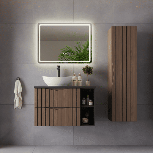 Móvel de lavatório individual 80cm 2 nichos com coluna Siena madeira e preto