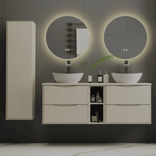 Conjunto móvel duplo lavatório 140cm 2 nichos e coluna Ellie Caxemira