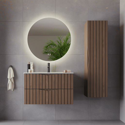 Conjunto móvel lavatório simples encastrado 80cm e coluna Siena madeira e preto