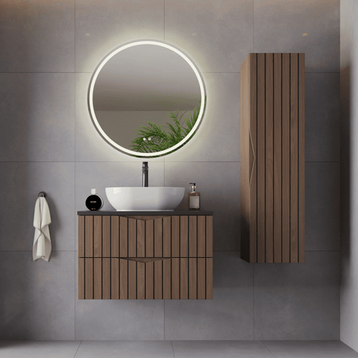 Móvel de lavatório individual 80cm com coluna Siena madeira e preto