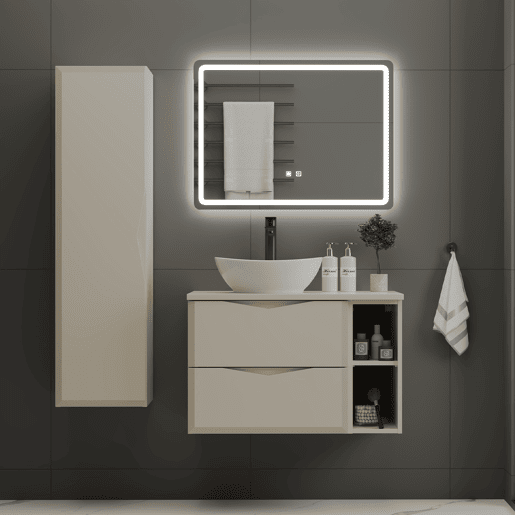 Conjunto móvel simples lavatório 80cm 2 nichos e coluna Ellie Caxemira