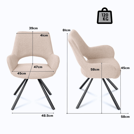Conjunto de 6 cadeiras de jantar com encosto e braços assento estofado em tecido bege 48,5x58x81cm Conjunto de 6 cadeiras de jantar com encosto e braços assento estofado em tecido bege 48,5x58x81cm