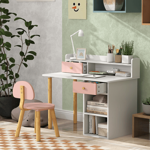 AIYAPLAY Conjunto de Secretária e Cadeira para Crianças acima de 3 Anos Mesa de Estudo com Prateleiras para Livros e Gaveta de Arrumação Carga 80 kg 85x48x73 Rosa e Branco