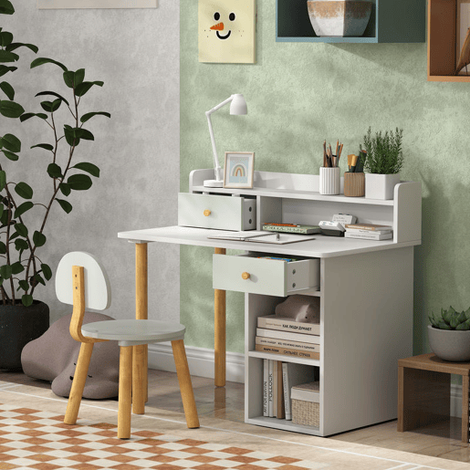 AIYAPLAY Conjunto de Secretária e Cadeira para Crianças acima de 3 Anos Mesa de Estudo com Prateleiras para Livros e Gaveta de Arrumação Carga 80 kg 85x48x73 cm Verde e Branco