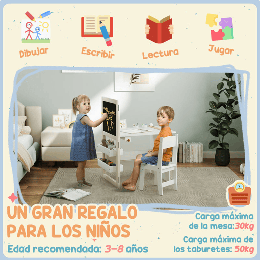 AIYAPLAY Mesa e Cadeira Infantil de 2 Peças Mesa para Crianças com Cadeira Ardósias Dobrável Mesa para Crianças acima de 3 Anos com Prateleiras Rolo de Papel para Dormitório Sala de Jogos Branco