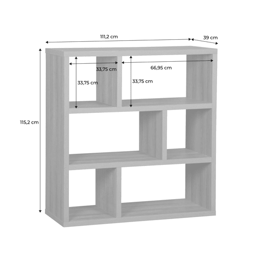Estante assimétrica de 3 níveis com 6 compartimentos, Basiks, Manguier, 111.2x39x115.2 cm