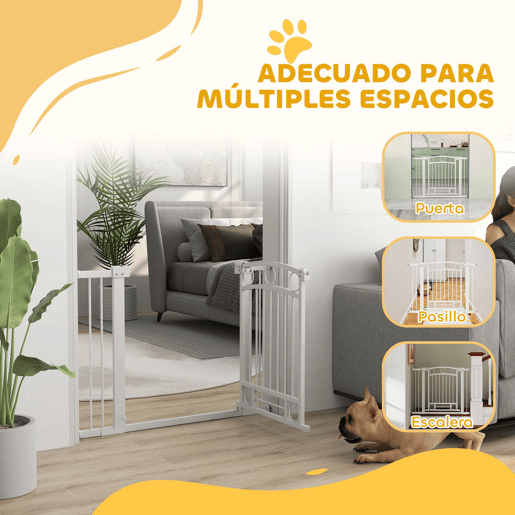PawHut Barreira de Segurança para Cães Barreira de Segurança para Cães com Largura Ajustável 76-104 cm Barreira de Proteção com 2 Extensões para Escadas e Portas Branco