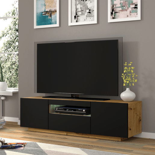 Móvel para TV de parede Aurus Preto e Madeira com 3 portas 150 cm