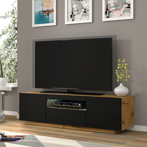 Móvel de parede Aurus Preto e Madeira com 3 portas para TV LED 150 cm