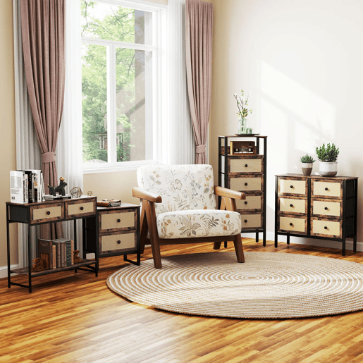 HOMCOM Cómoda para Dormitório Cómoda de Tecido com 6 Gavetas Dobráveis com Frentes de Vime e Estrutura de Aço Cómoda para Dormitório Sala de Estar 88x30x83 cm Marrom Rústico