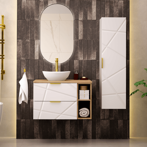 Móvel lavatório simples 80cm 2 nichos Aurora Branco e Madeira