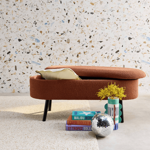 Banco, extremidade da cama com revestimento de boucle, Sherpa, Ferrugem, 112x44x50 cm Banco, extremidade da cama com revestimento de boucle, Sherpa, Ferrugem, 112x44x50 cm