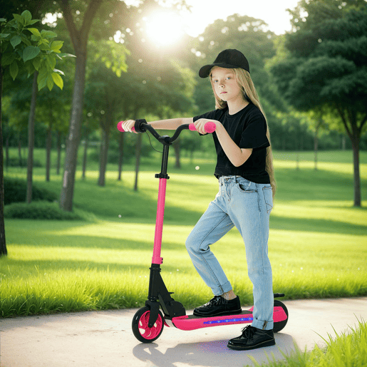SPORTNOW Trotinete Elétrica Dobrável para Crianças acima de 6 Anos Motor 120 W Autonomia 6 km e Máximo 10 kmh com Travão Altura Ajustável Luzes LED e Estrutura de Alumínio 74x52x83-87 cm Rosa