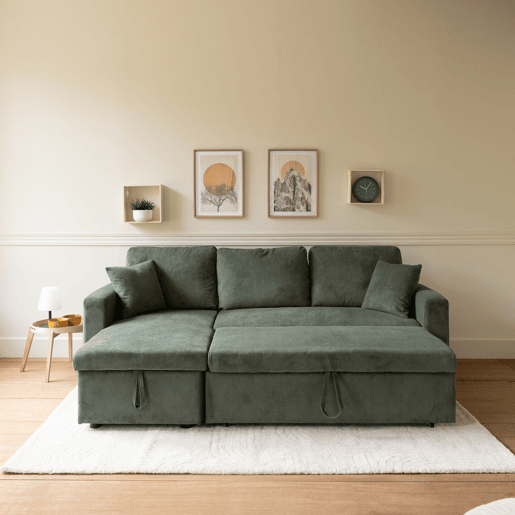 Sofá-cama de canto CLARK de 3 lugares em bombazina verde