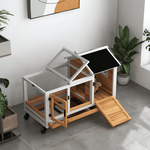 PawHut Coelheira de Madeira com Rodas 108x58x73,5 cm Gaiola para 1-2 Coelhos com Teto Abatível Cerca Metálica Bandeja Amovível Portas com Trava e Rampa Madeira e Branco PawHut Coelheira de Madeira com Rodas 108x58x73,5 cm Gaiola para 1-2 Coelhos com Teto Abatível Cerca Metálica Bandeja Amovível Portas com Trava e Rampa Madeira e Branco