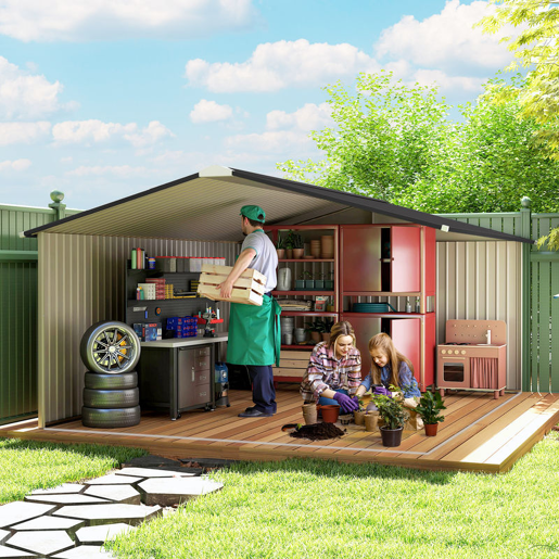 Outsunny Casota de Jardim Exterior, 12,4 m² 340x386x200 cm Abrigo de Jardim Metálico com Portas Duplas com Fechadura, Kit de Fundação e Ventilação para Armazenamento de Bicicletas, Branco
