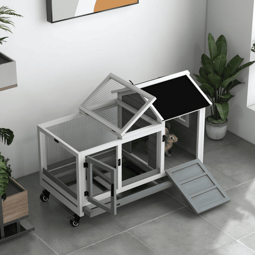 PawHut Coelheira de Madeira com Rodas 108x58x73,5cm Gaiola para 1-2 Coelhos com Teto Abatível Cerca Metálica Bandeja Amovível Portas com Trava e Rampa Marrom Cinza e Branco PawHut Coelheira de Madeira com Rodas 108x58x73,5cm Gaiola para 1-2 Coelhos com Teto Abatível Cerca Metálica Bandeja Amovível Portas com Trava e Rampa Marrom Cinza e Branco