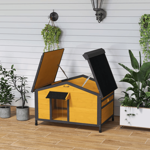 PawHut Casa para Cães de Madeira 97x72x65 cm Casa para Animais de Estimação com Teto Asfáltico 2 Janelas Porta com Cortina e Base Amovível Madeira