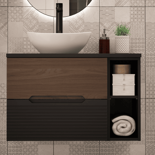 Móvel lavatório simples 80cm 2 nichos Sylla Preto madeira