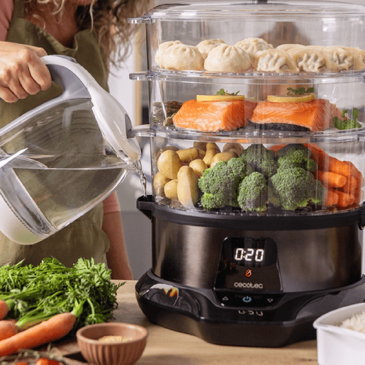 Cecotec Vaporizador elétrico de 1000 W, com 3 recipientes, tigela para arroz de 1 l e tempo ajustável.