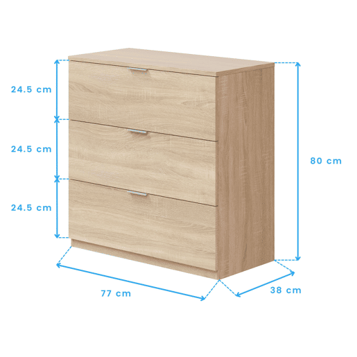 Cômoda com 3 gavetas Carvalho Canadense 80x77x38 cm Cômoda com 3 gavetas Carvalho Canadense 80x77x38 cm