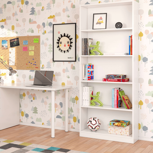 Pacote de escritório em estilo contemporâneo em branco com 2 prateleiras e 1 mesa Pacote de escritório em estilo contemporâneo em branco com 2 prateleiras e 1 mesa