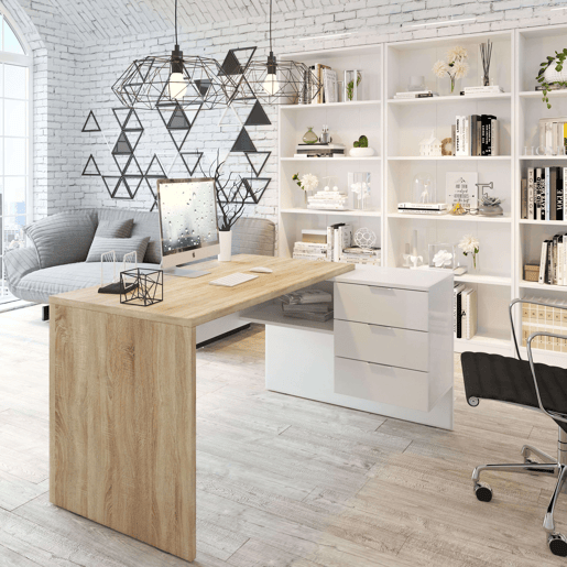 Pacote de escritório em estilo contemporâneo em branco com 2 prateleiras e 1 mesa Pacote de escritório em estilo contemporâneo em branco com 2 prateleiras e 1 mesa