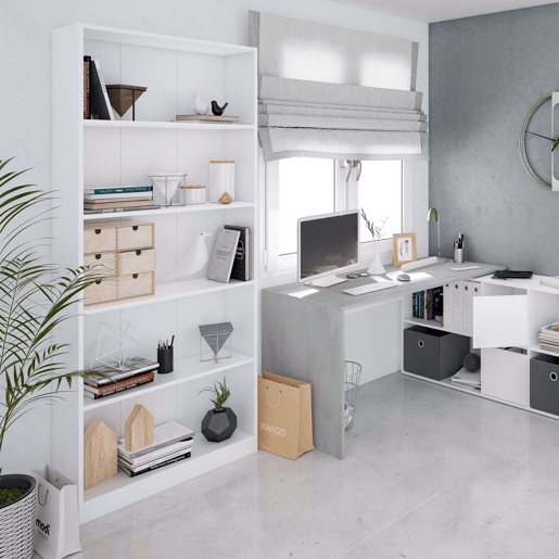 Pacote de escritório em estilo contemporâneo em branco com 2 prateleiras e 1 mesa Pacote de escritório em estilo contemporâneo em branco com 2 prateleiras e 1 mesa