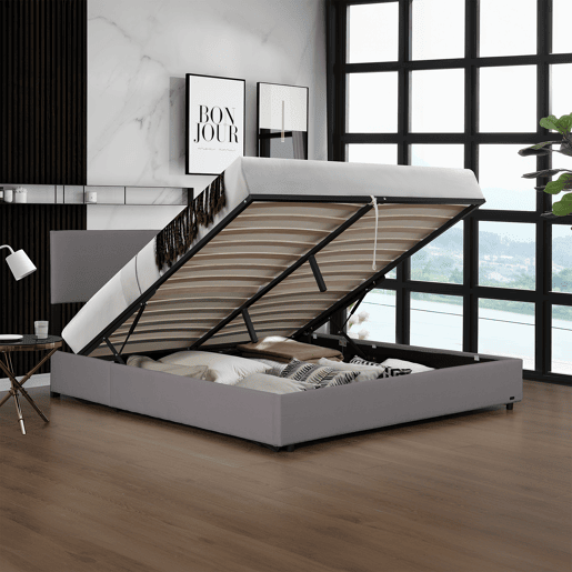 Cama estofada Juva Cord com estrutura de ripas 140x200 cm - Cinzento Corium
