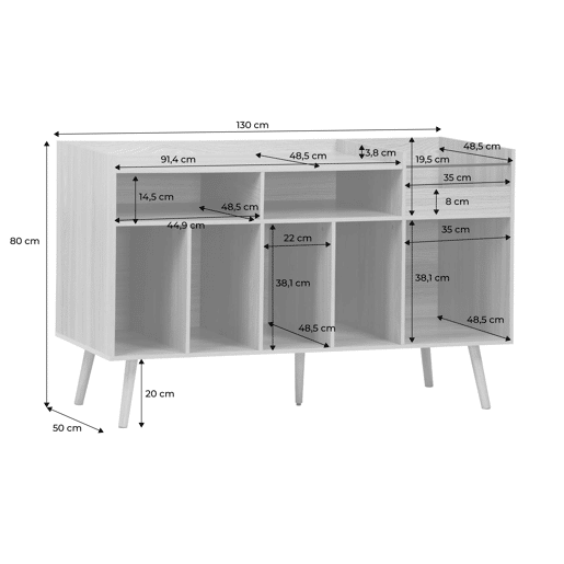 Móvel vintage com espaço para vinis e gira-discos, 130cm, Dune, Natural, 130x50x80 cm Móvel vintage com espaço para vinis e gira-discos, 130cm, Dune, Natural, 130x50x80 cm