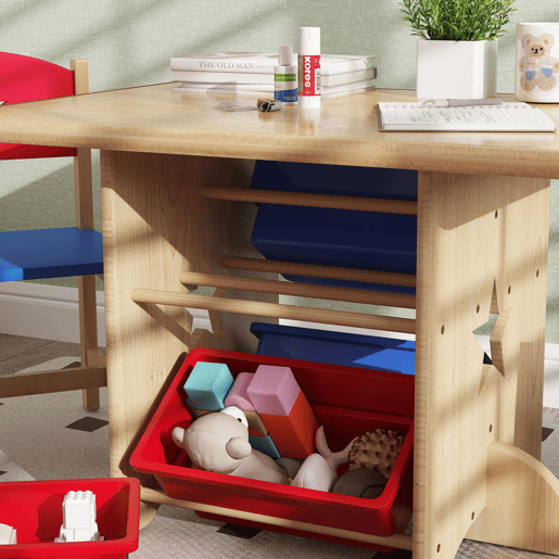 AIYAPLAY Mesa e Cadeiras para Crianças de 3 Peças Mesa Infantil com 2 Cadeiras e 4 Cestos de Arrumação Conjunto de Móveis para Crianças acima de 3 Anos para Sala de Jogos Madeira