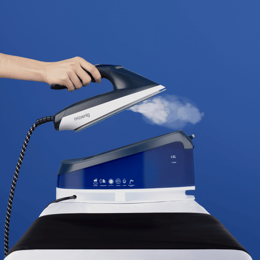 H.Koenig V7 Centro de Engomar a Vapor, Pressão 5,5 Bars, Produção 120 gmin, Função Vapor Vertical, Sola Cerâmica Anti-aderente, Depósito 1,5 L, Desligamento Automático