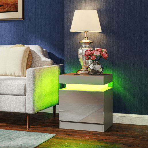 HOMCOM Mesa de Cabeceira com Luzes LED RGB de 3 Cores com 2 Gavetas de Alto Brilho Interruptor com Cabo e Controlo por APP Mesa Auxiliar para Quarto Sala Cinza 45x35x52 cm HOMCOM Mesa de Cabeceira com Luzes LED RGB de 3 Cores com 2 Gavetas de Alto Brilho Interruptor com Cabo e Controlo por APP Mesa Auxiliar para Quarto Sala Cinza 45x35x52 cm