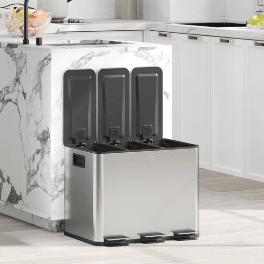 HOMCOM Balde de Lixo de Cozinha com 3 Compartimentos 3x10L Cubo de Lixo de Aço Inoxidável com Pedais Tampas com Fechamento Suave e Cubo Amovível para Escritório Cozinha 49,6x34,5x38,6 cm Prata