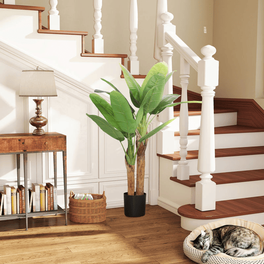 HOMCOM Planta Artificial Ø17x120 cm Bananeira Atificial com Vaso e 15 Folhas Planta Artificial Decorativa para Interior Verde
