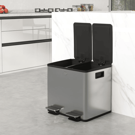 HOMCOM Balde de Lixo de Cozinha com 2 Compartimentos 2x15L Cubo de Lixo de Aço Inoxidável com Pedal Tampa de Fechamento Suave Rolo de 30 Bolsas de Lixo e Cubo Amovível 41,7x36,6x43,2 cm Prata