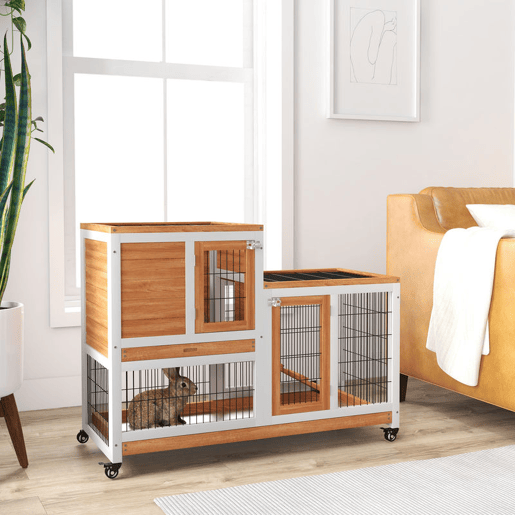PawHut Coelheira de Madeira Interior com Rodas Gaiola para Coelhos Animais Pequenos de 2 Pisos com Zona Aberta Rampa e 2 Bandejas Removíveis 110x50x88 cm Madeira