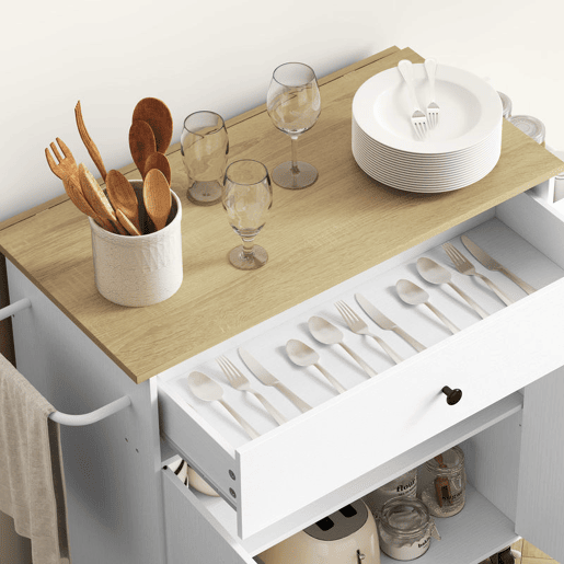 HOMCOM Ilha de Cozinha com Rodas Carrinho de Cozinha com Lateral Dobrável 2 Portas Gaveta Suporte para Temperos e Panos e Prateleira Ajustável 106x42x87 cm Branco e Carvalho