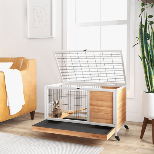 PawHut Coelheira de Madeira Gaiola de para Pequenos Animais Portátil com Teto Abatível Rampa Bandeja Removível para Coelhos da Índia 90x53x59 cm Madeira