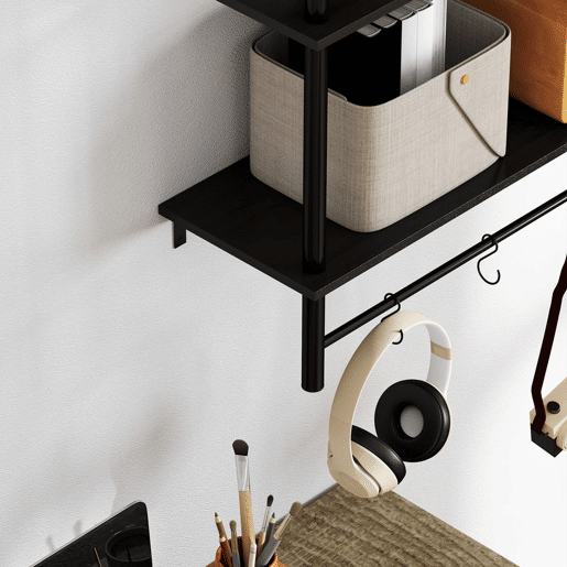 HOMCOM Estante de Parede de 2 Níveis Estante Suspensa Prateleiras de Parede com 4 Ganchos 2 Prateleiras e Estrutura de Metal para Entrada Cozinha Sala de Estar 80x24x65 cm Preto