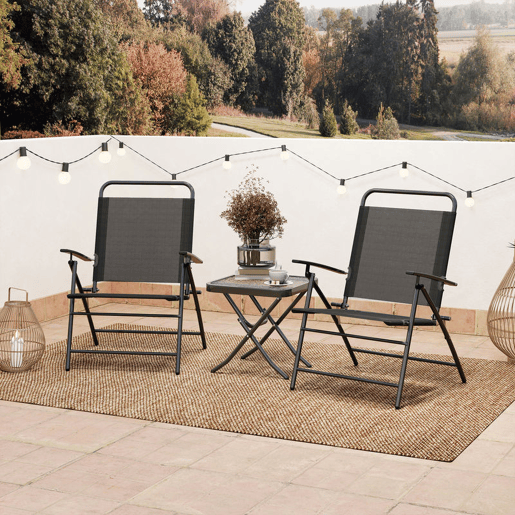 Outsunny Conjunto de Mesa e Cadeiras de 3 Peças Móveis de Jardim Dobráveis com Encosto Ajustável Bancada de Vidro e Estrutura de Aço Preto