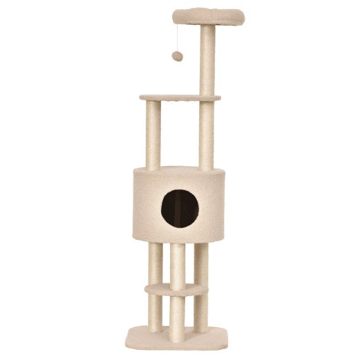 PawHut Arranhador para Gatos Altura 148 cm Arranhador para Gatos com Postes de Sisal 3 Plataformas Casa e Bola Suspensa Bege