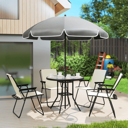 Outsunny Conjunto de Mesa e Cadeiras de Jardim de 6 Peças Móveis de Jardim Exterior com 4 Cadeiras Dobráveis Mesa de Vidro e Chapéu de Sol para Terraço Pátio Creme