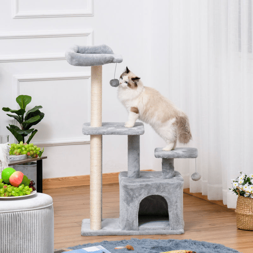 PawHut Arranhador para Gatos Altura 114 cm Arranhador para Gatos com Postes de Sisal 3 Plataformas Caverna e 2 Bolas Suspensas Cinza Claro